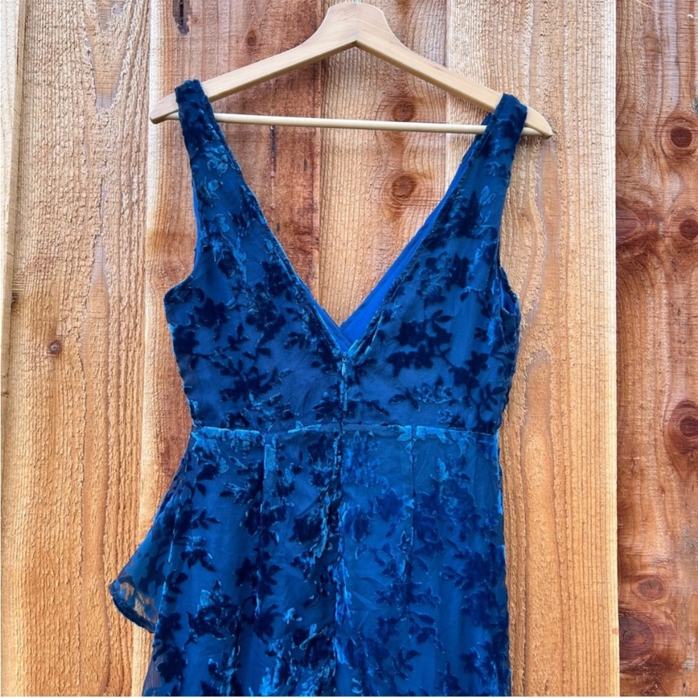 Teal Blue Floral Velvet Chiffon Ruffled Low-Back Maxi Dress 🌿 - Picture 6 of 8